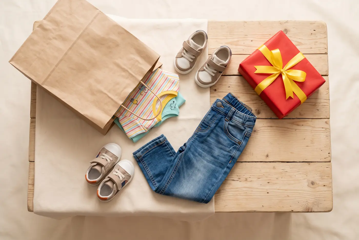 Itens da sacolinha sobre a mesa: camiseta, calça jeans, tênis, presente com laço e sacola kraft