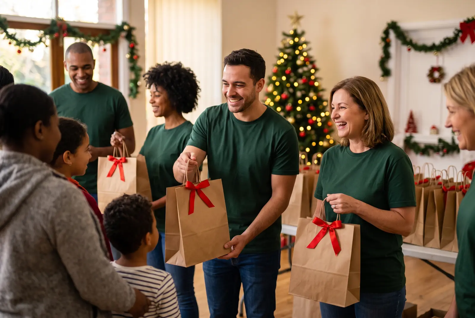 Voluntários de camiseta verde entregando sacolinhas kraft com laço vermelho